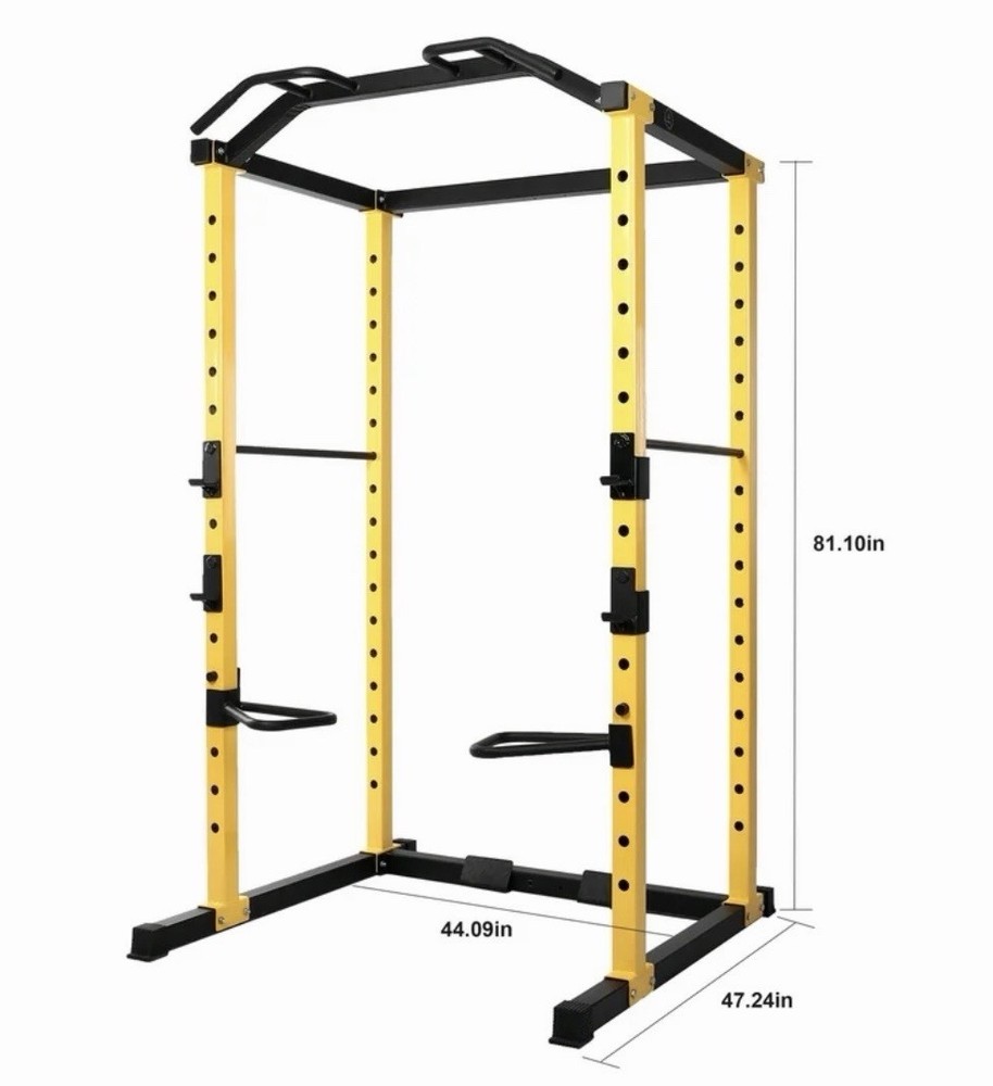 Adjustable Yellow Black Steel Power Rack with Pull Up Bar, Dip Handles