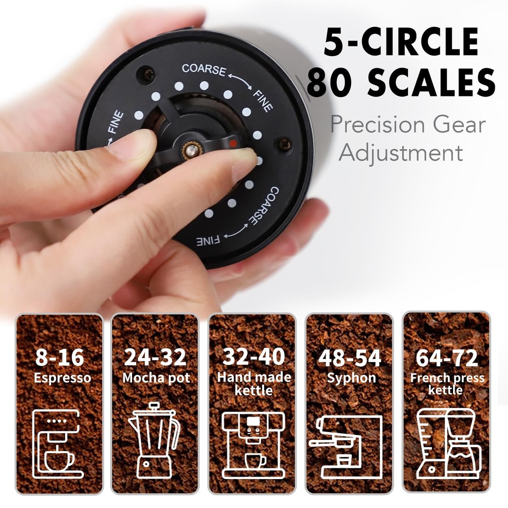 Burr Coffee Grinder, Small 80 Precise Settings Rechargeable USB Cordless - Co...