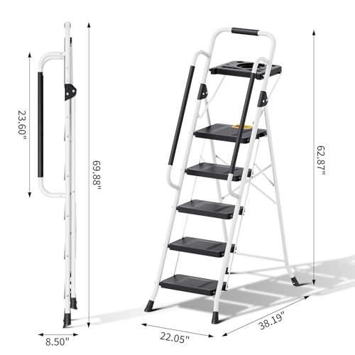 Folding 5-Step Ladder, 800 lbs Capacity Step Stool with Safety 5-STEP White