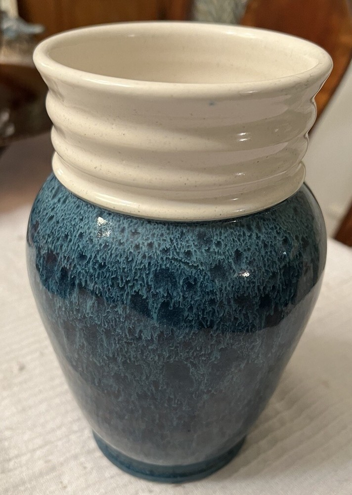 Pottery Vase Blue Ocean Affect With White Smooth Stonelike Collar.  Initialed