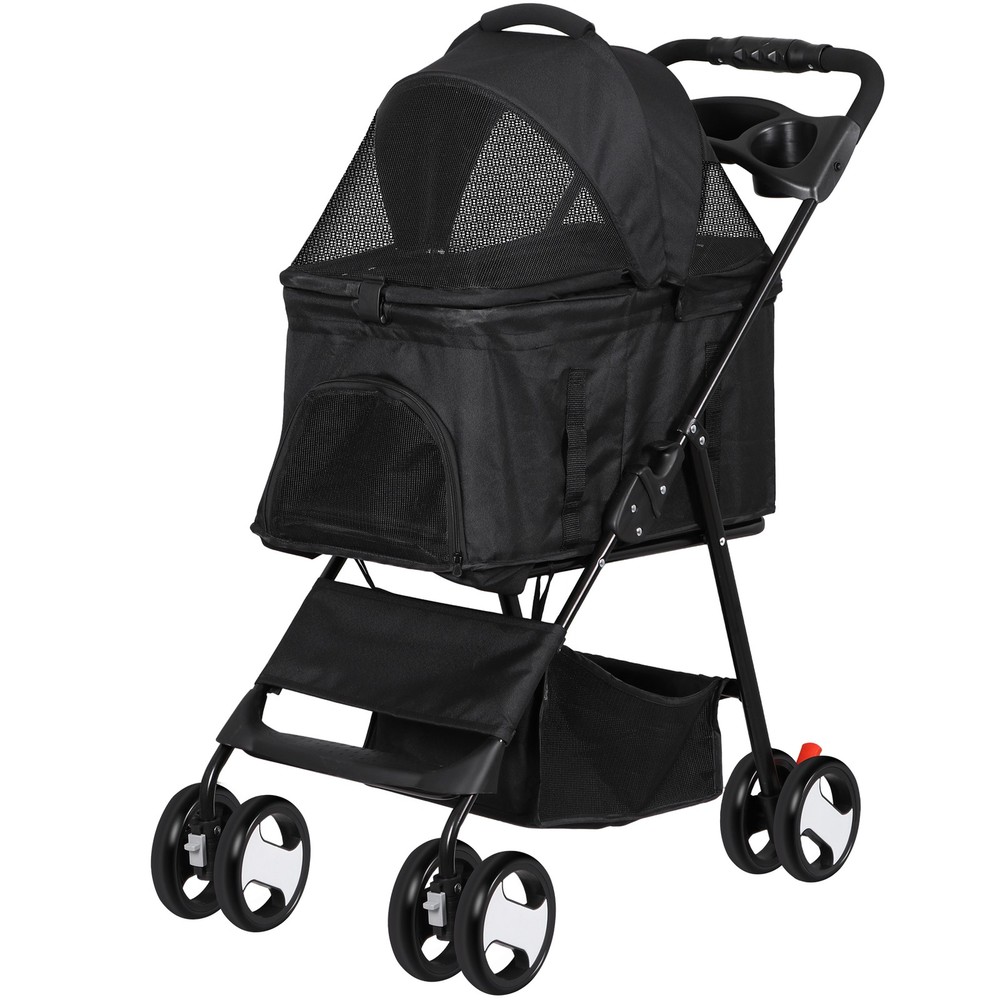 Dog Stroller Cat Stroller 3-in-1 Multifunctional with 4 Wheels Black Foldable