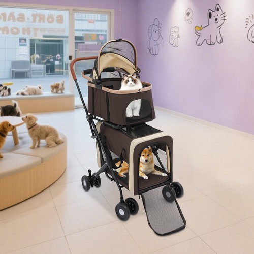 2-Tiers Foldable Cat Stroller Pet Stroller Small & Medium Dogs Stroller 77lbs