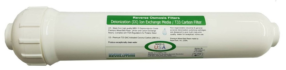 Premium DI Ion Exchange Filter (0PPM) / T33 GAC post inline 10"x2" filter