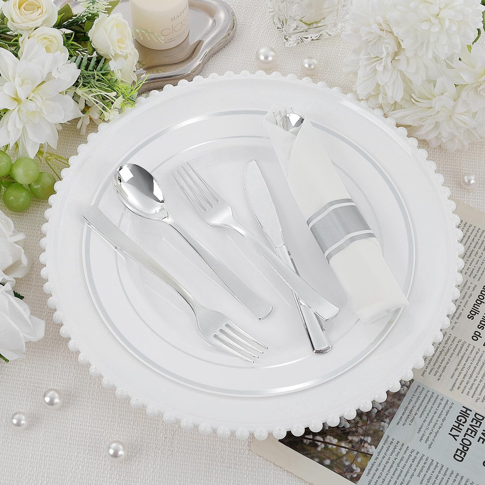 EI 60Pack Pre Rolled Silver Plastic Silverware Disposable Rolled Cutlery with...