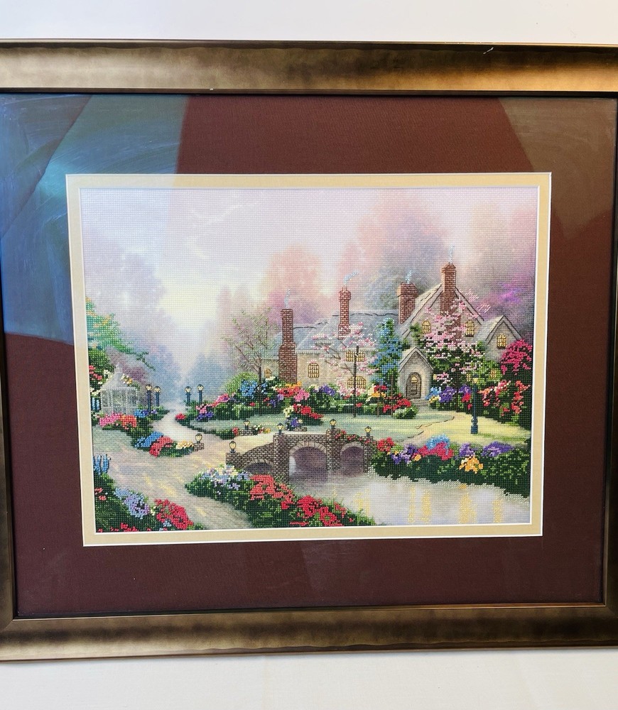Thomas Kinkade "Beyond Spring Gate" Completed Cross Stitch Matted Framed 24”x21”