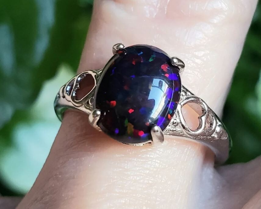 Natural Black Opal Ring Statement 925 Sterling Silver Handmade Fire Opal Rings