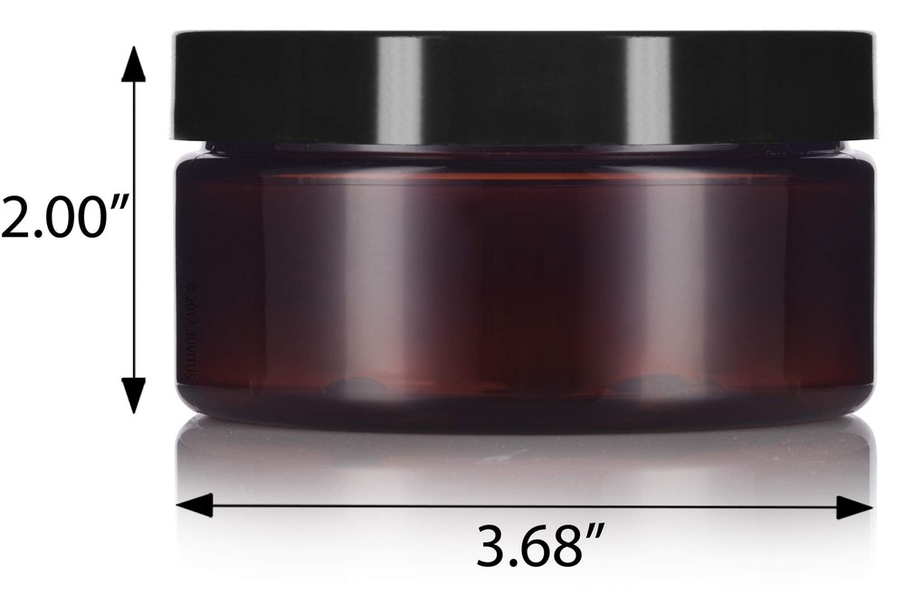 8 oz Amber Plastic Refillable Low Profile Jar with Black Lid 6 Pack