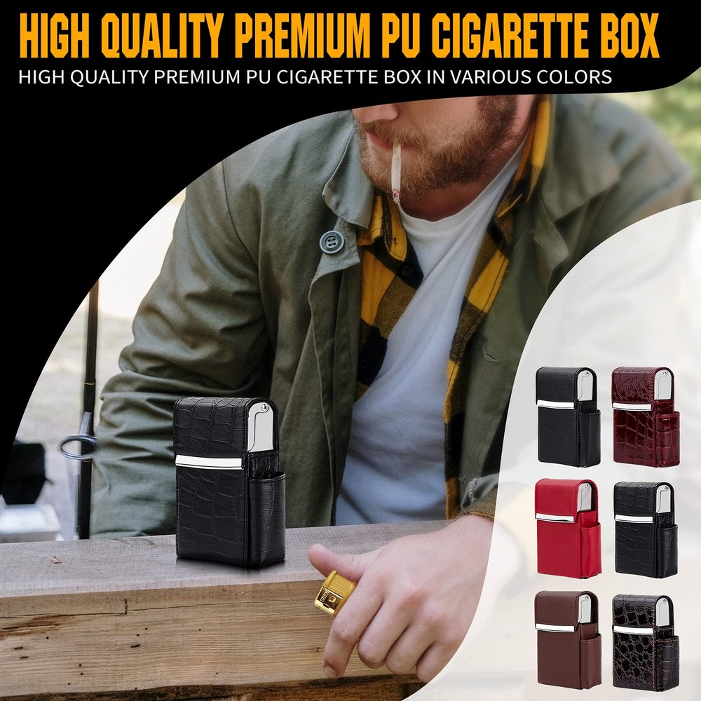 PU Leather Sliding Cigarette Box Case with Lighter Holder and Belt Loop for M...