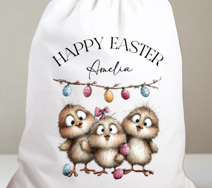 Happy Easter Three Little Birds Personalised Drawstring Gift Sack