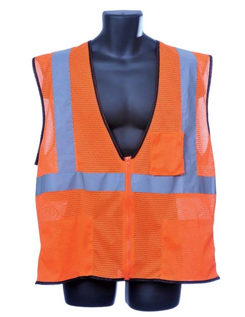 CLASS II VEST ORANGE, 2" SILVER, ZIPPER FRONT, FRONT MESH, BACK MESH