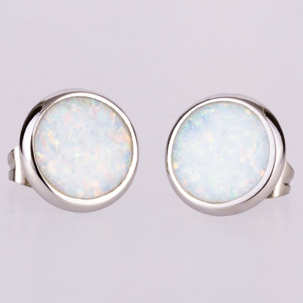 Round White Fire Opal Silver Jewelry Stud Earrings