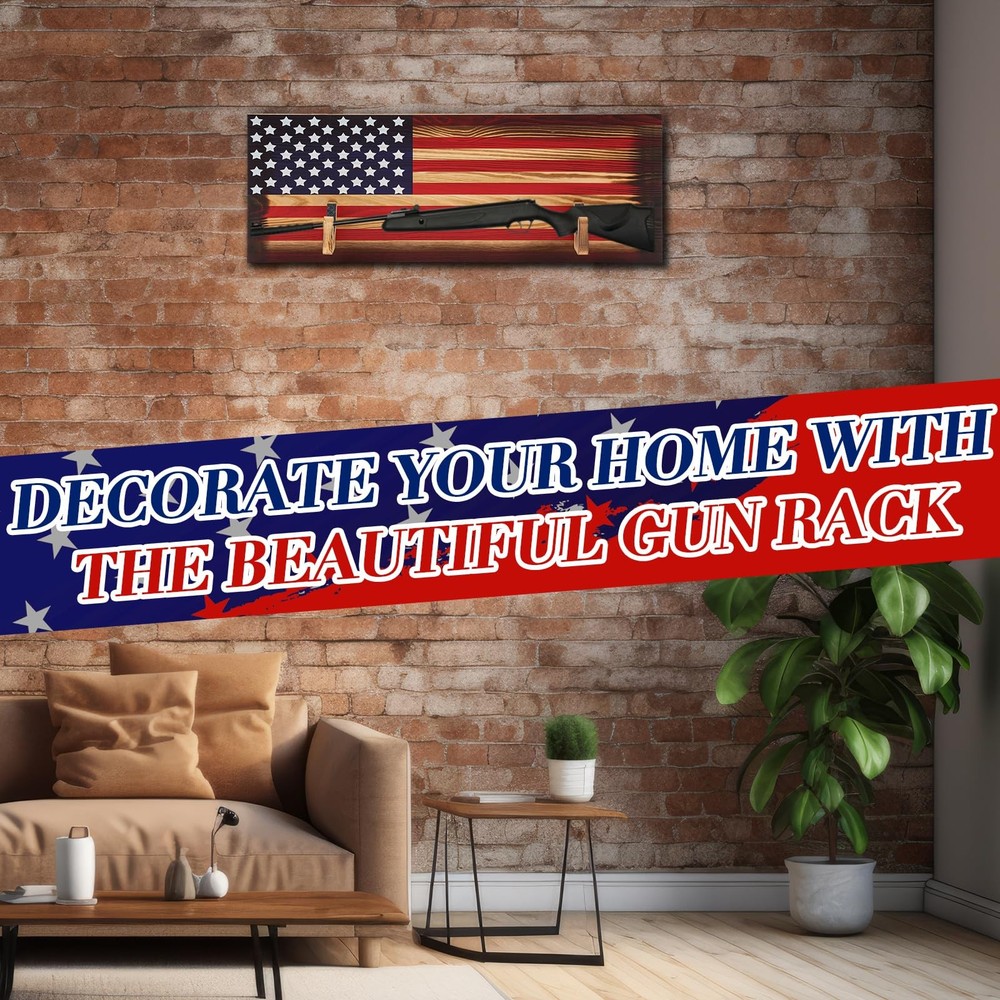 Wall Mount Gun Rack Indoor Rack for 2 Guns Wood Display Storage Shelf with Ameri