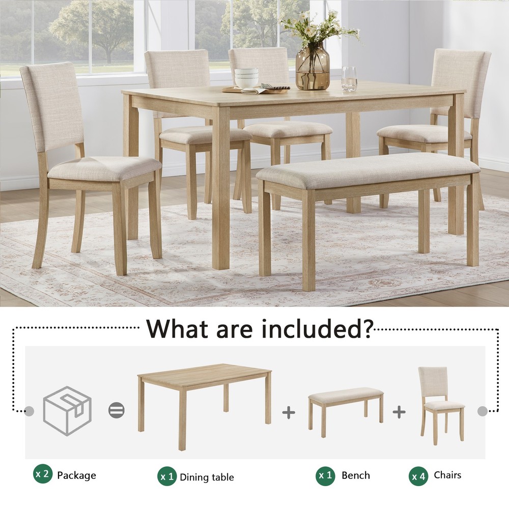 6Pcs Dining Table Set with Bench, Wooden Rectangular Kitchen Table Set Modern