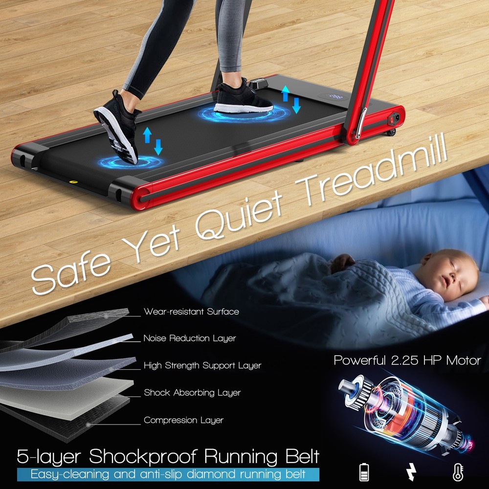 2-in-1 Folding Treadmill 2.25HP Jogging Exercise Machine W/ LED Display Red