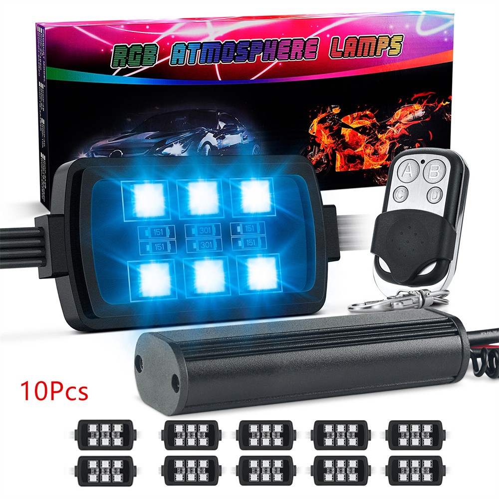 10pcs Multi-Color RGB Underglow LED Light Kit w/Remote Controller For Motorcycle