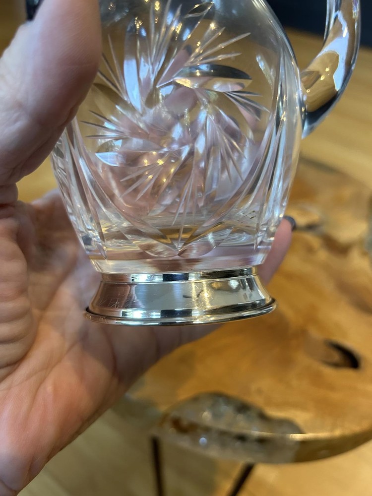 Small Hand-Cut Crystal Glass Pitcher with Silver-Plated Base