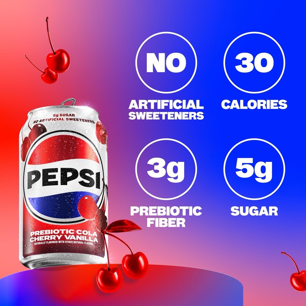 :.Pepsi Prebiotic Cola, Cherry Vanilla 🍒🍦12 fl oz Cans (8 Pack).: