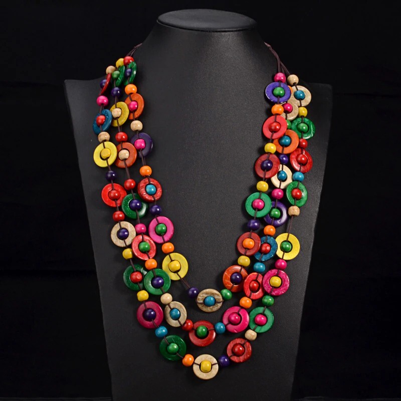 Vintage Bohemian Ethnic Multi Colored Wood Beads Statement Necklace