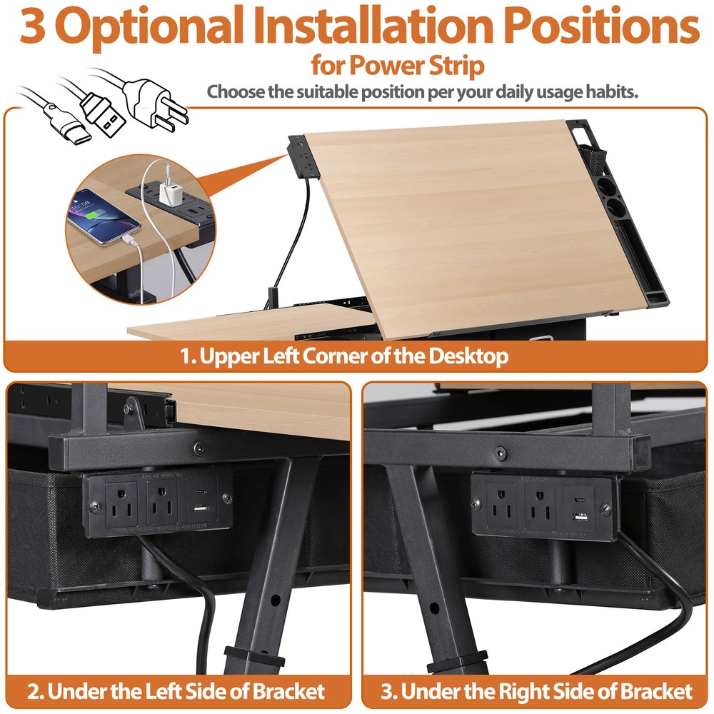 Adjustable Drafting Drawing Tiltable Table & Stool w/ 2 Drawers & Outlet Natural