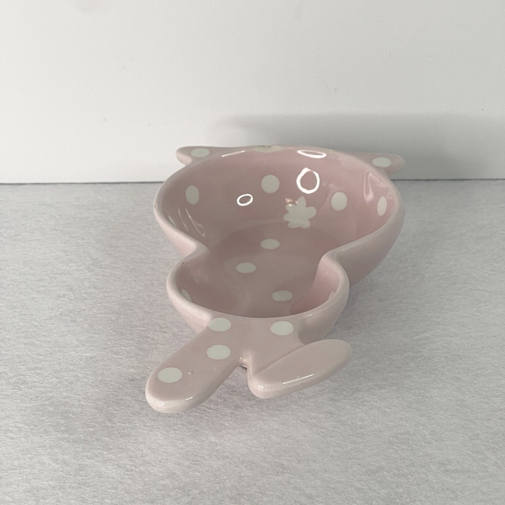 Pink Polka Dot Bunny Shaped Candy Dish Easter Peter Cottontail 4x7”