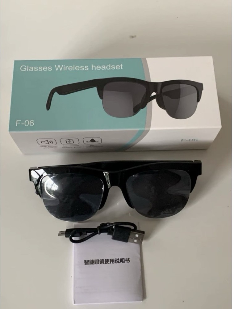 F-06 Wireless Glasses Headset BLACK Bluetooth with USB Charging Cable
