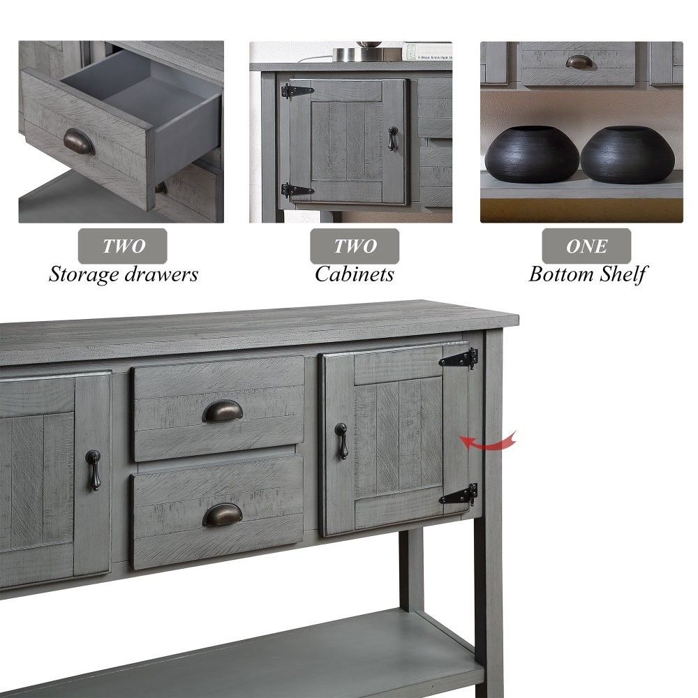Solid wood side table with 2 drawers, cabinet, bottom shelf, and two doors