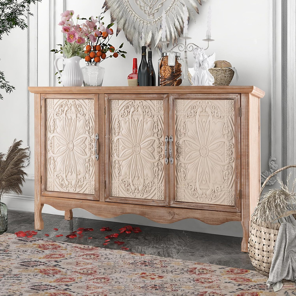 Rustic Accent Storage Cabinet with 3 Carved Doors for Home & Entryway