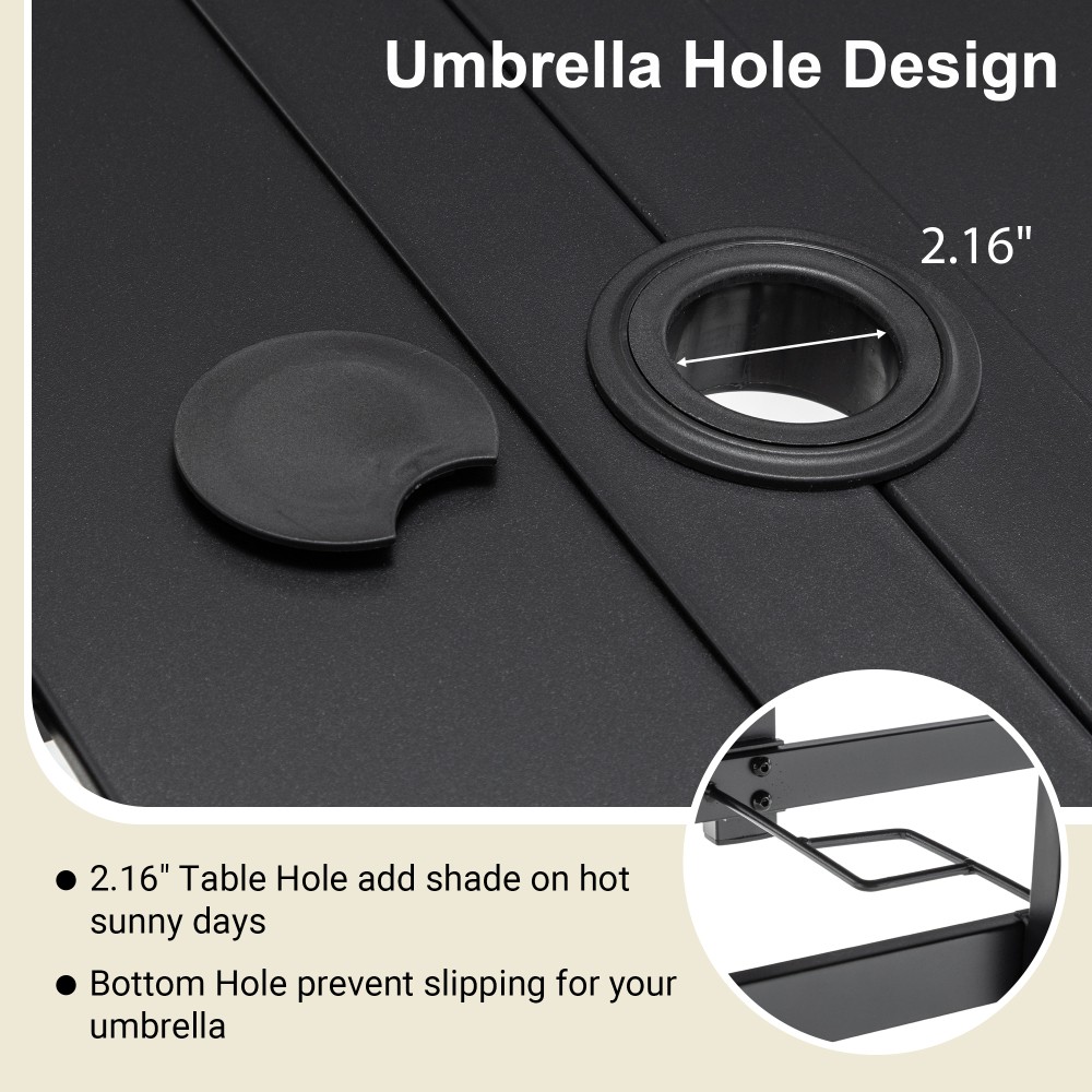 Rectangular Metal Patio Dining Table with Umbrella Hole Anti Slip Pads