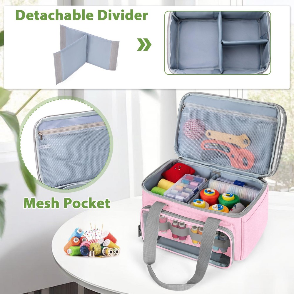 Pink Double-Layer Sewing Storage Organizer Bag Transparent Compartment Divider