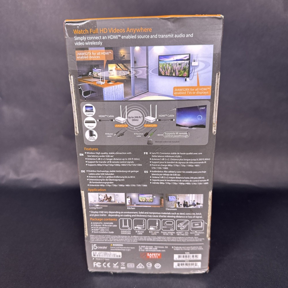 Pre-owned J5 Create JVAW52 Wireless HDMI Display Transmitter Receiver Extender