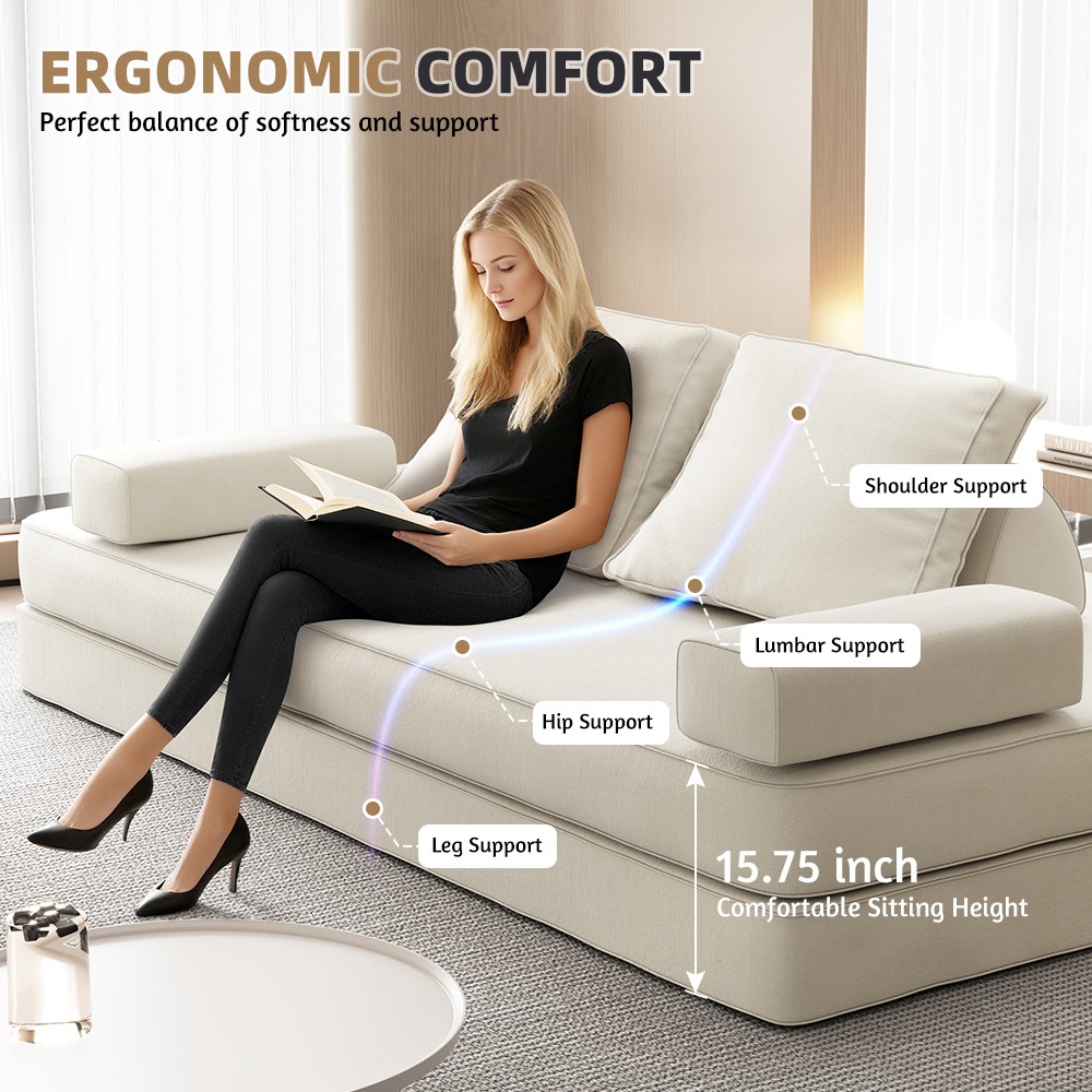 86.6" Convertible Sofa Bed w/ Removable Backrests & Pillows, Chenille Fabric