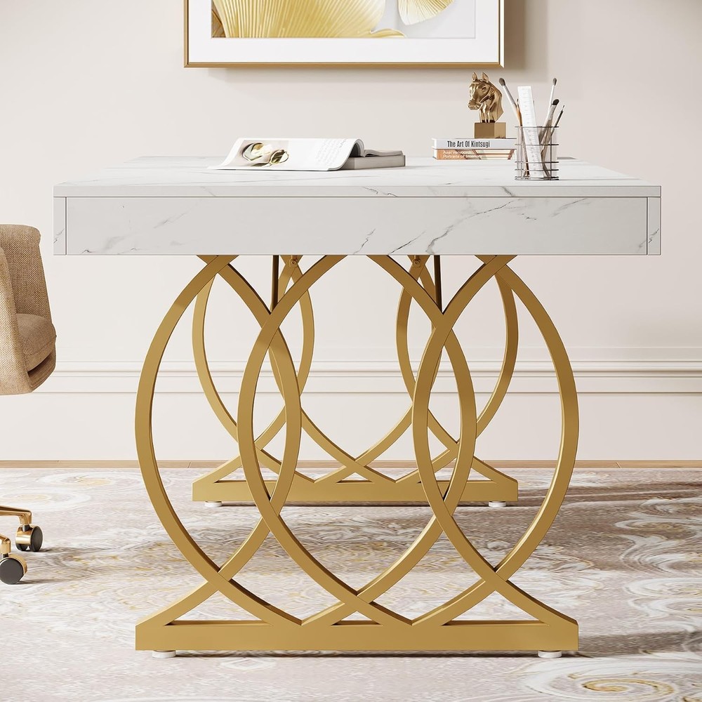 63-Inch Rectangular Executive Desk, Modern Office Computer Desk with Gold Legs