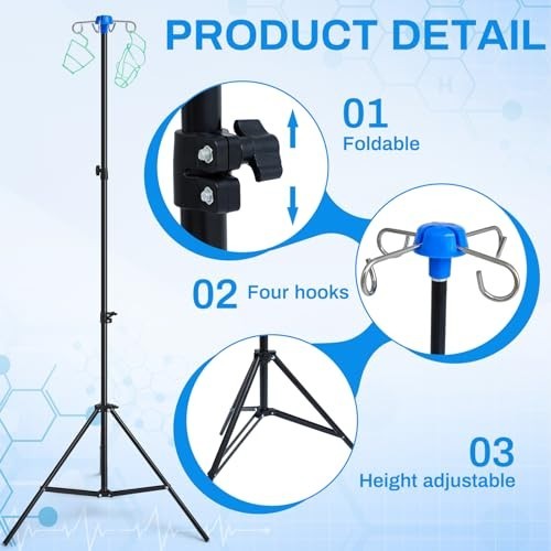 Portable IV Pole Stand - 2 Pcs Collapsible Drip Bag Rack, Adjustable Height, 4 H