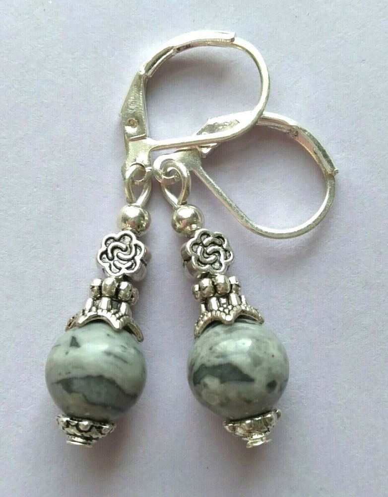GREY JASPER drop earring SP LEVERBACK handcrafted XGE