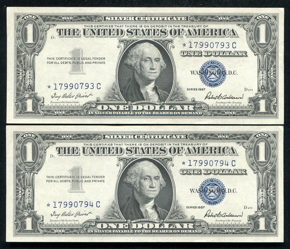 (2) CONSECUTIVE 1957 $1 ONE DOLLAR *STAR* SILVER CERTIFICATES ABOUT UNC