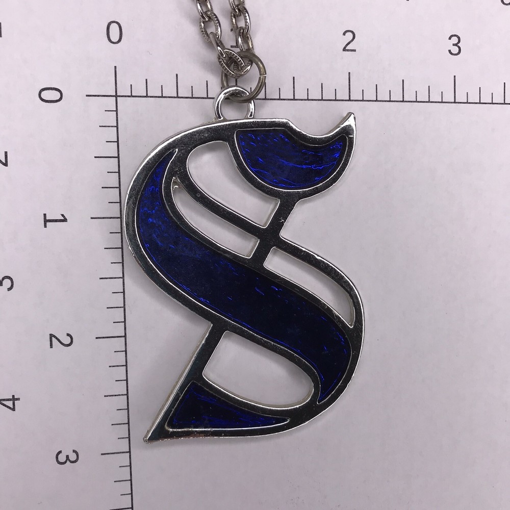 Vintage Signed PLO Blue Script S Pendant Silvertone Necklace 24"