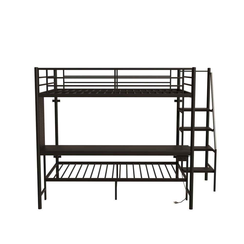 Modern Metal Bunk Bed Full Size Black Bed Frame w/LED light and Charging Socket