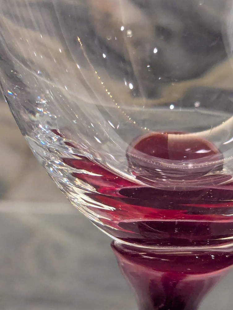 Ruby Heart Wine Glass Pair Murano Attrib. Art Glass 9” Hand Blown Ruby Amber