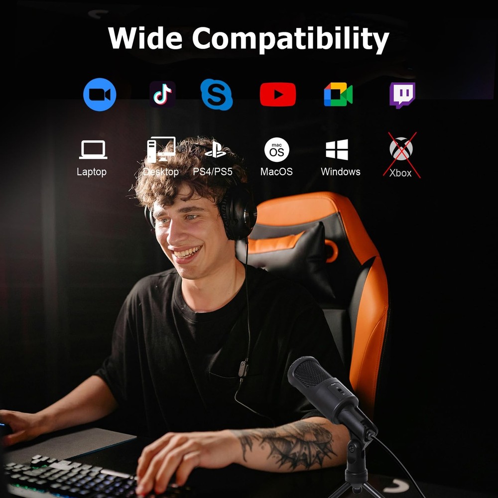 PC USB Microphone, Podcast Condenser Mic with Foldable Tripod Mute Switch for...