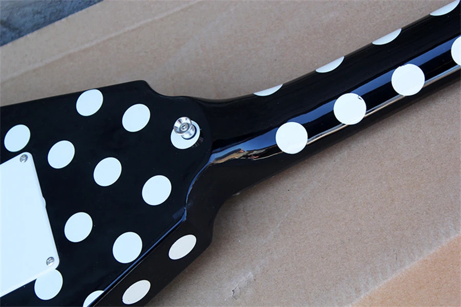 V Shape Black Body Electric Guitar with White Dots Pattern,Chrome Hardware