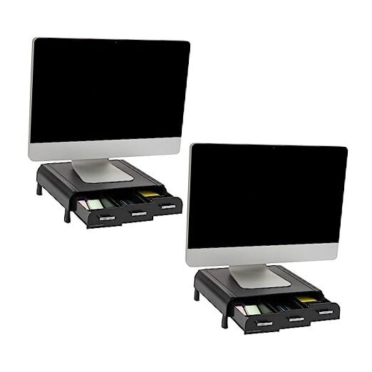 Monitor Stand, 3 Storage Drawers, Desktop Organizer, Riser, 2 Pack Black