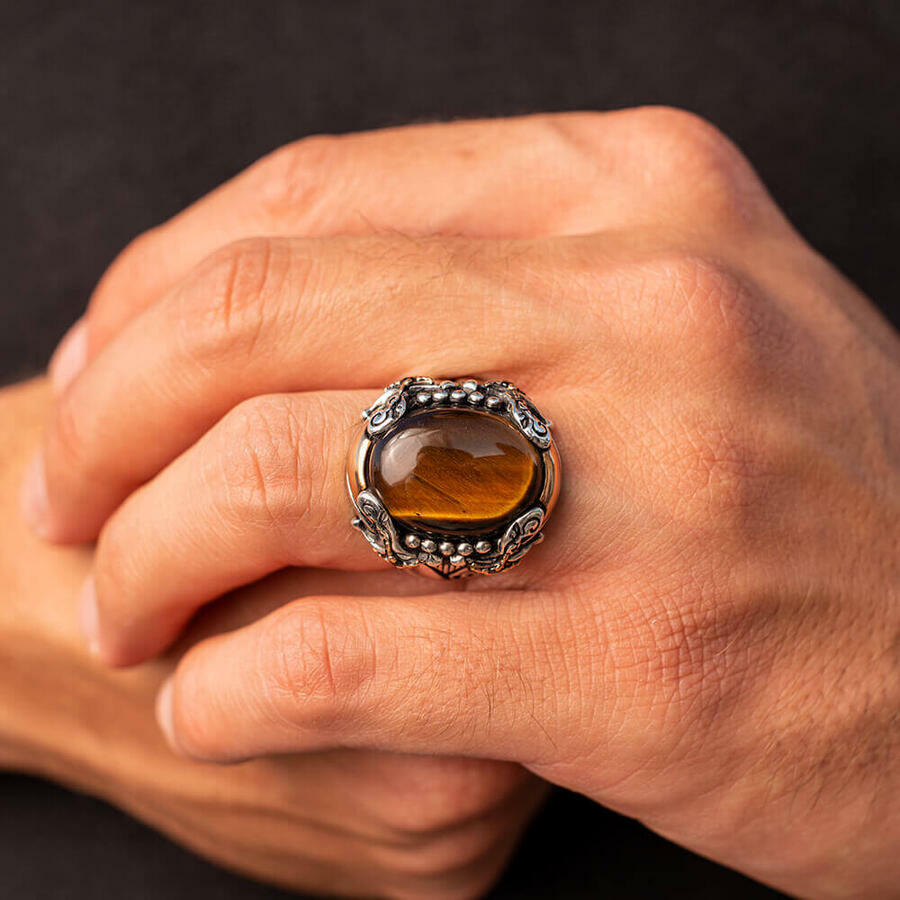Solid 925 Sterling Silver Tiger's Eye Stone Sword Men's Ring