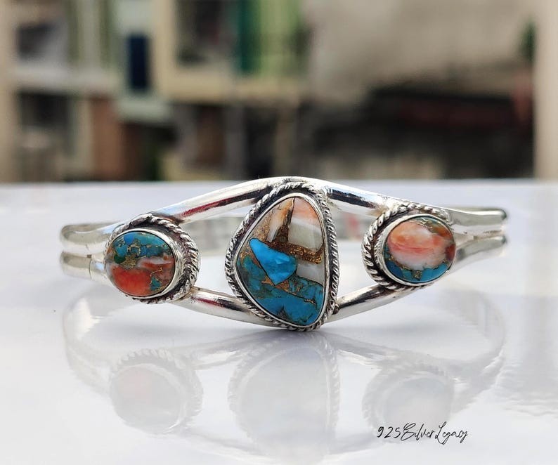 Oyster Copper Turquoise Solid 925 Sterling Silver Beautiful Cuff Bangle, M1690
