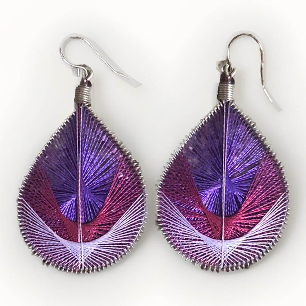 Large Silk Thread Teardrop Earring Purple Handmade Peruvian Boho