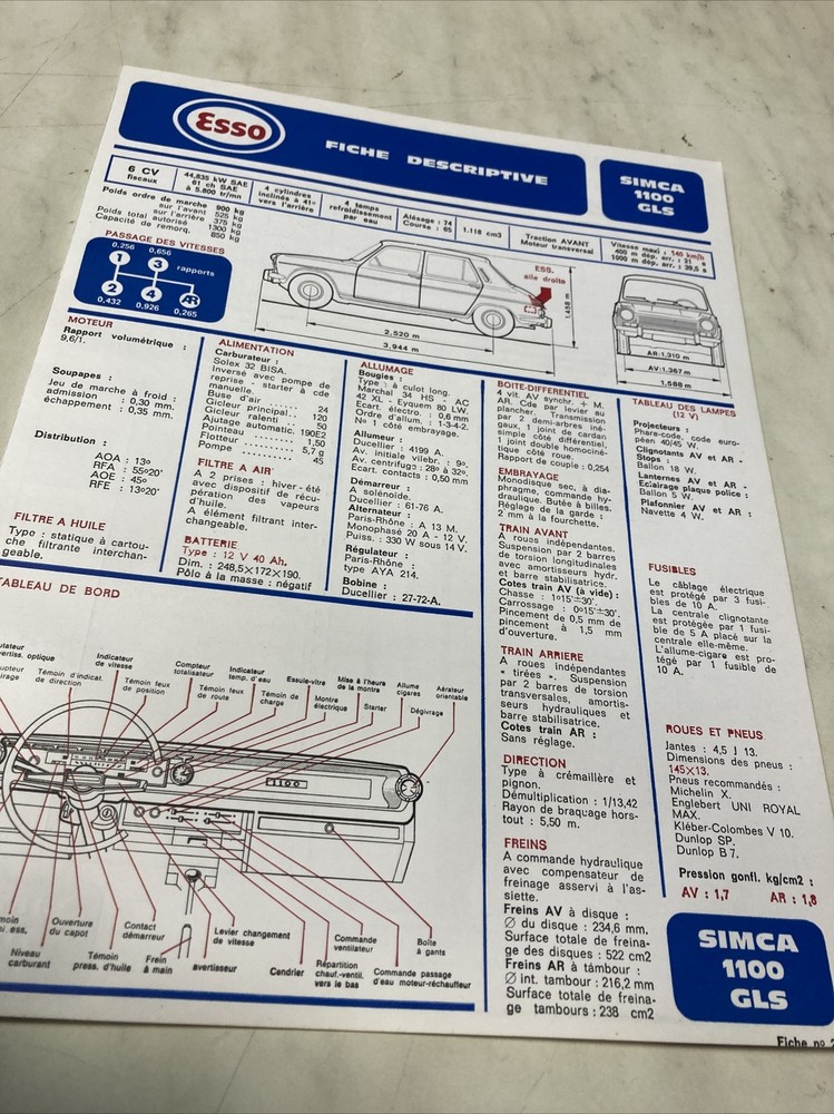 Automobile Technical Sheet Esso Simca 1100 GLS