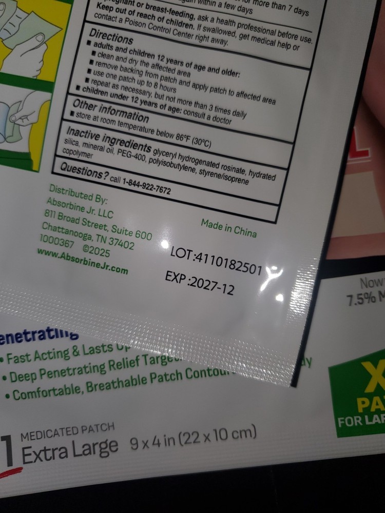 Absorbine Jr. Pain Relief XL Back Patch 10 Count