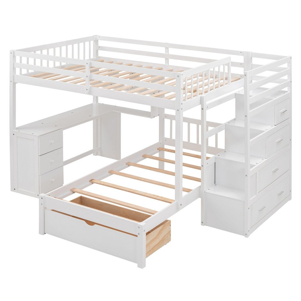 Twin Bunk Bed with Desk, Drawers & Bookcase, White Solid Wood Storage