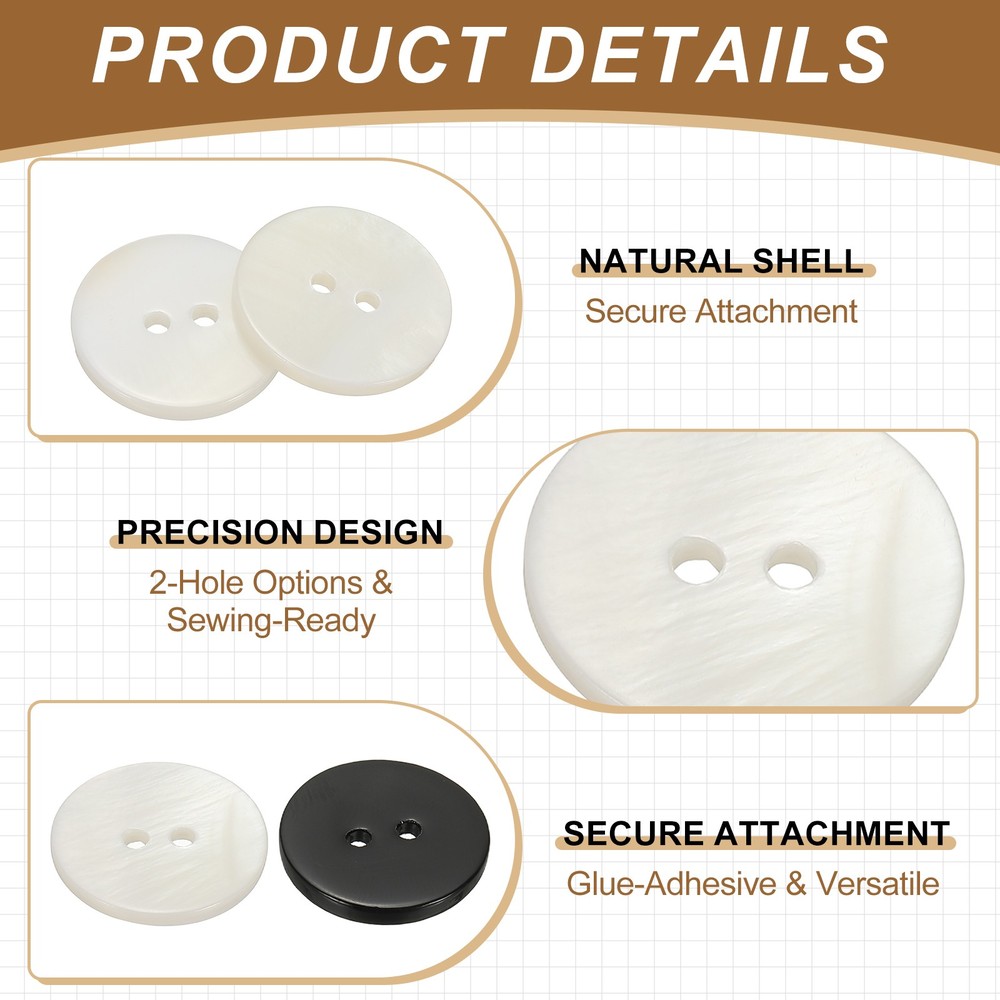 Natural Shell Button 2 Hole Shell Round Sewing Buttons 15 mm & 50 Pack & White