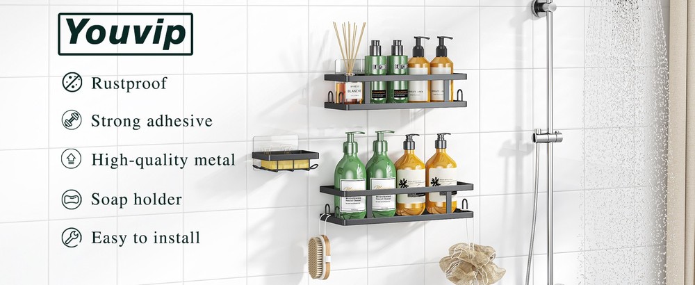 3-PC Adhesive Shower Caddy - Rustproof Shower Shelves with Soap Holder Hooks