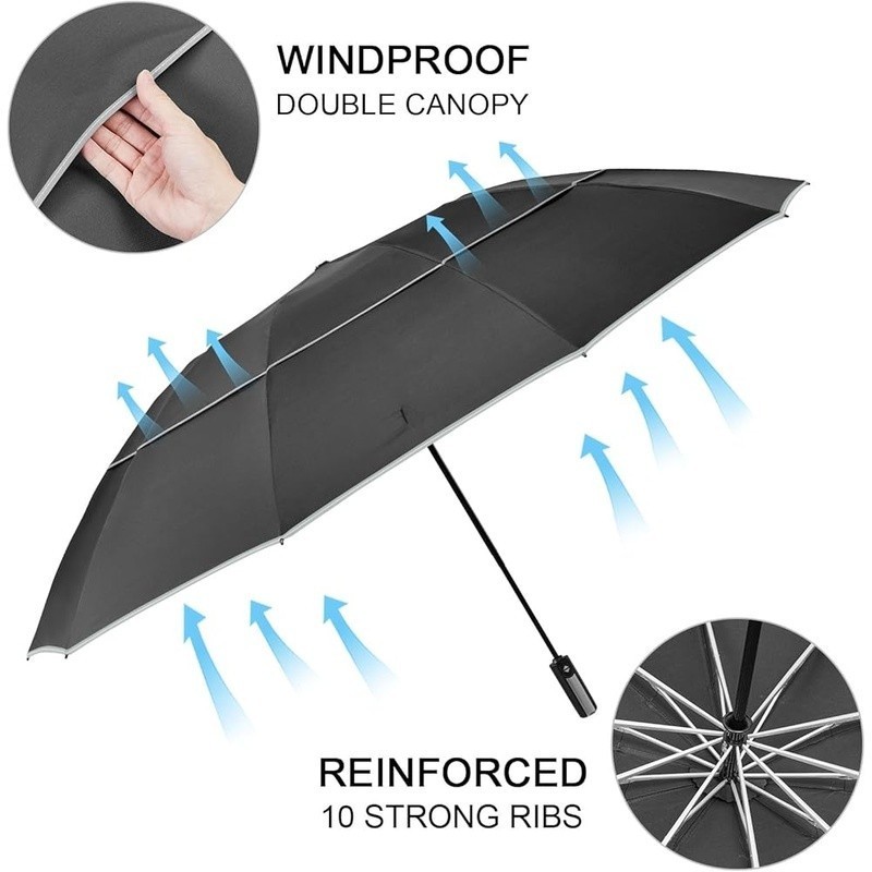 Windproof Compact Golf Umbrella Automatic Open Close Inverted Fold Double Canopy
